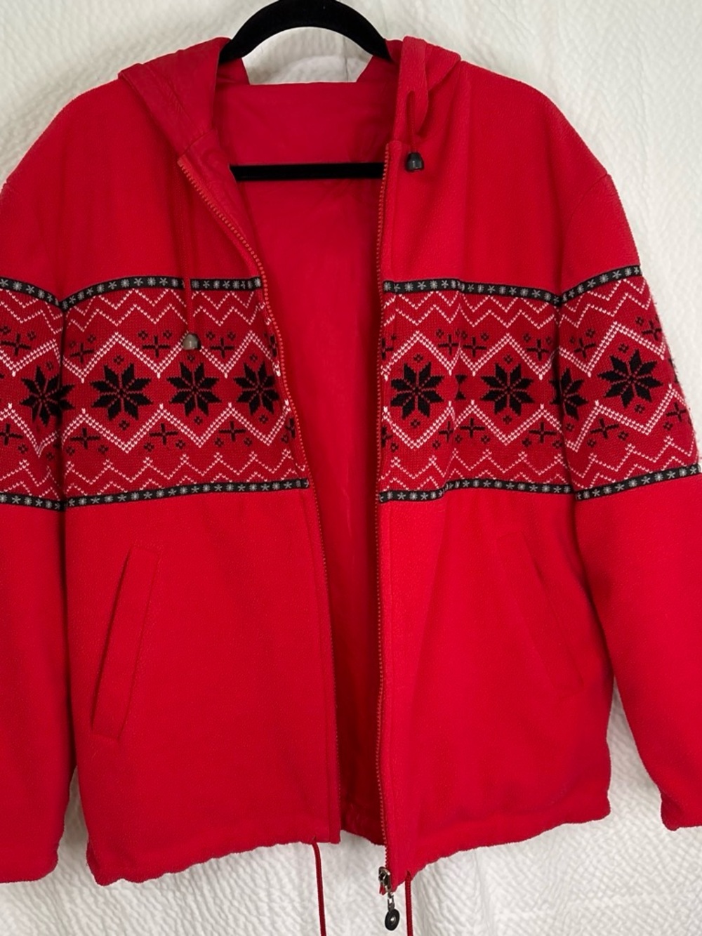 Red Hooded Puffer Jacket with Nordic Pattern